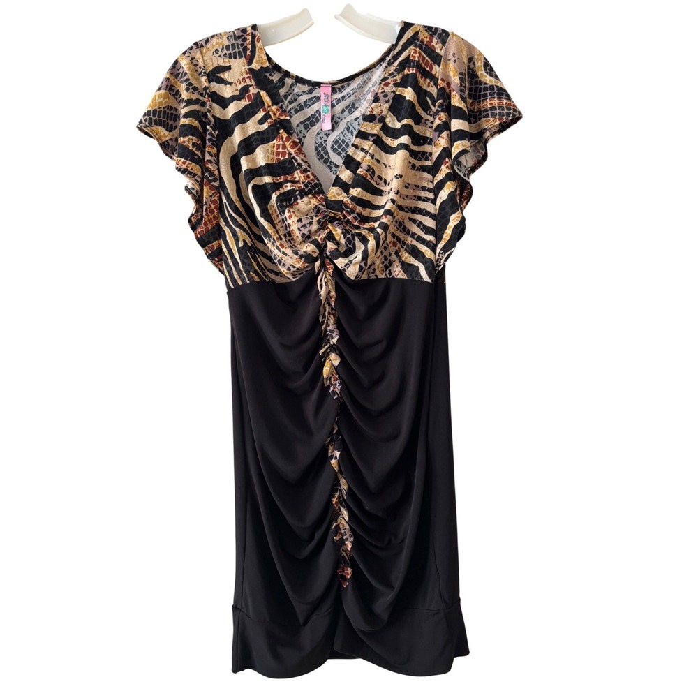 Women's Y2K Animal Print Ruched Mini Dress Black Brown Flutter Sleeve V-Neck